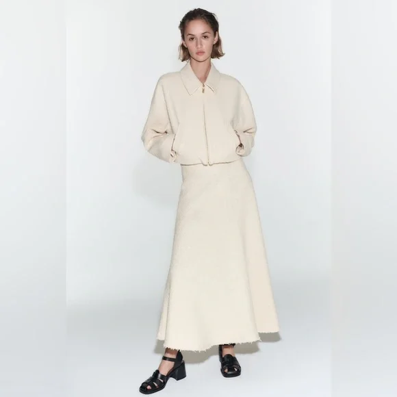 Zara Set Ecru Textured Weave Bomber Jacket Long Textured Skirt